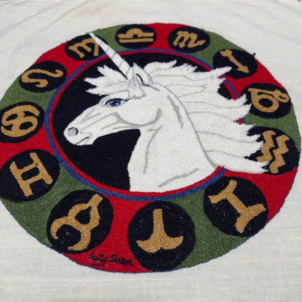 VTG 1981 Crewel Punch Needle Zodiac Unicorn Art OS Cream Astrology Celestial